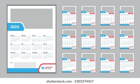 2024 Wall Calendar Design Template 11.69 in x 16.54 in with 0.25 in Bleed