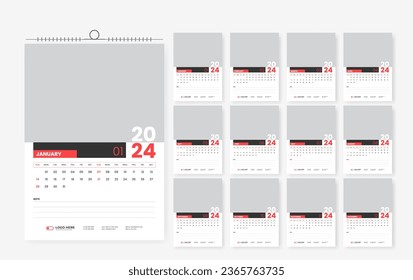 2024 wall calendar design template, modern print ready calendar layout template design