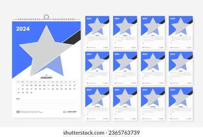 2024 wall calendar design template, modern print ready calendar layout template design