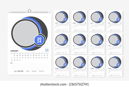 2024 wall calendar design template, modern print ready calendar layout template design