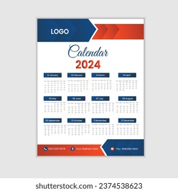 2024 wall calendar design template, modern 12 month calendar design template
