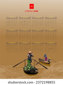 2024 wall calendar with panorama of floating market in Vietnam.