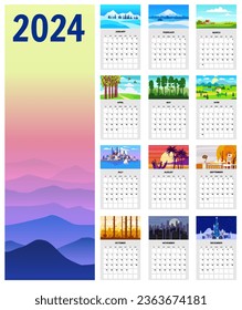 2024 Wall Calendar planner set of 12 minimalistic landscape natural backgrounds of four seasons