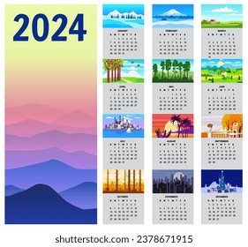 2024 Wall Calendar set of 12 minimalistic landscape natural backgrounds of four seasons