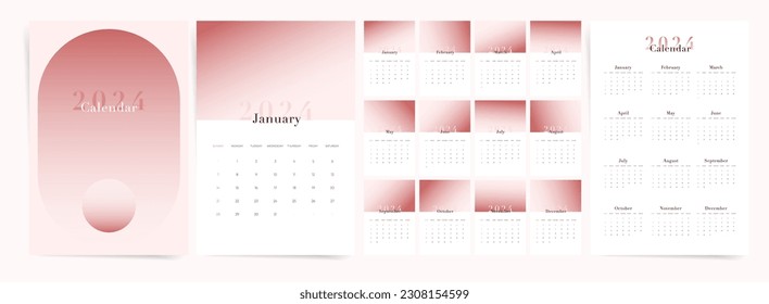  2024 Wall Calendar Set. Gradient Boho Vintage Design. Week Starts Sunday.