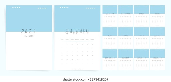 2024 wall calendar template design. Ready to use cute minimal personal calendar and planner. Vector vertical 12 months 2024 calendar. Starts on Sunday.