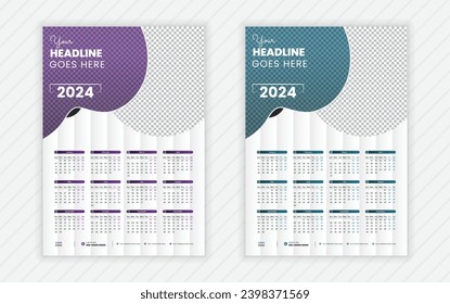 2024 wall calendar template design. Creative abstract one page calendar design