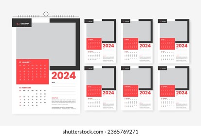2024 wall calendar template, modern six-page print-ready calendar design layout 