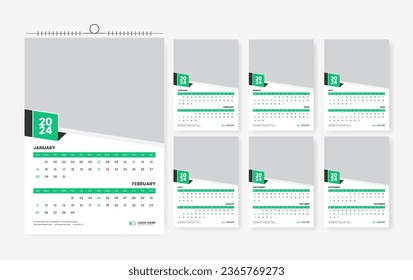 2024 wall calendar template, modern six-page print-ready calendar design layout 