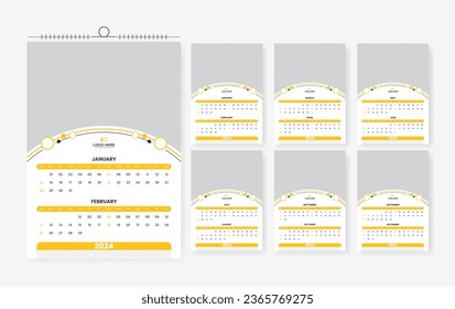 2024 wall calendar template, modern six-page print-ready calendar design layout 
