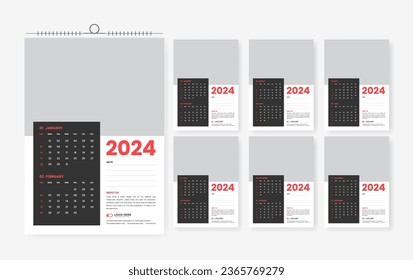 2024 wall calendar template, modern six-page print-ready calendar design layout 