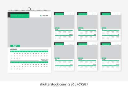 2024 wall calendar template, modern six-page print-ready calendar design layout 