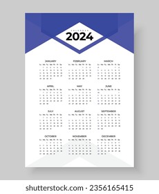 2024 wall calendar template one page design, Week start Sunday, Simple vertical calendar design template. Wall calendar in a minimalist style. Corporate design planner template