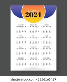 2024 wall calendar template one page design, Week start Sunday, Simple vertical calendar design template. Wall calendar in a minimalist style
