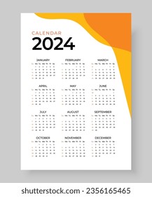 2024 wall calendar template one page design, Week start Sunday, Simple vertical calendar design template, Wall calendar in a minimalist style