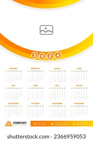 2024 wall Calendar vector illustration. week starts on Sunday, Simple planner design template, 2024 year corporate business calendar design template. use to wall, desk or business planner calendar 