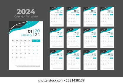 2024 wall calendar vector template. Business template vector. Week start on Sunday