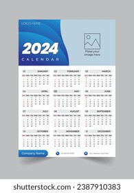 plantilla vectorial de calendario de pared 2024. Plantilla de vector de negocio . La semana comienza el domingo