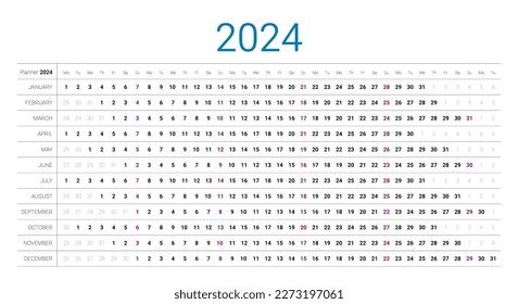 2024 wall calendar yearly planner, organizer printable design template. Schedule page journal, stationery calendar, organizer, 12 month vector illustration, minimalist style