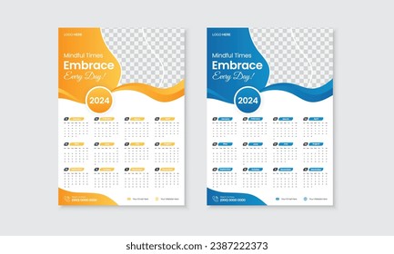 2024 wall hanging one page single side calendar template design, colorful creative unique design, 12 months office planner, minimalist clean year planner for 2024, week starts from Sunday, print ready