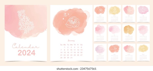 2024 watercolor monthly calendar with orange,yellow,pink.Vector illustration for kid and baby.Editable element