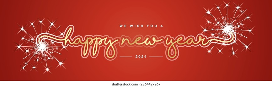 2024 We wish you Happy New Year new modern light golden white handwritten calligraphic typography lettering with big sparkler firework red background