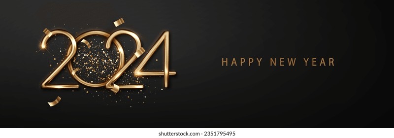 2024 Welcome New Year with vibrant background design with falling confetti and glitter. Perfect for Christmas greeting cards, banners, and posters. Realistic creative vector illustration