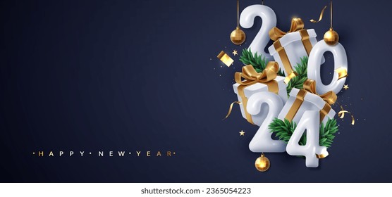 2024 que Gift Box. Feliz Navidad y Feliz Año Nuevo 2024 tarjeta de felicitación. Elementos decorativos de Holyday para Afiche, banner, carátula, folleto, volante, diseño.
