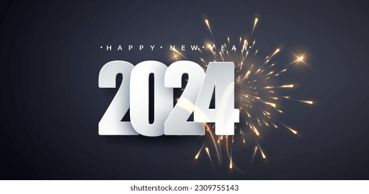 2024 white numbers and firework on dark background. Merry Christmas and Happy New Year 2024 greeting card