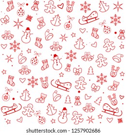 2024 Winter Holiday Happy New Year Merry Christmas symbols seamless pattern snowman Christmas tree, Christmas ball hat reindeer, stars, heart, snowflakes doodle decoration icons drawing design vector