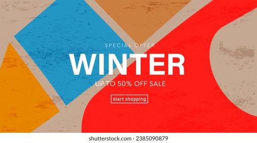 2024 Winter Sale 50% Off. Modern Abstract Geometric Design for Advertising, Web, Social Media, Banner, Cover. Background 3D Pattern with Yellow, Blue, Pink Colors. Vector Illustration.
