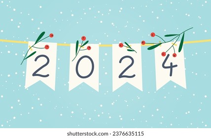 2024 written on garland decorated with winter twigs - vector illustration