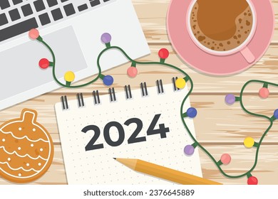 2024 written on spiral notebook, flat lay composition on wooden desk with gingerbread cookie, coffee, laptop, pencil and christmas lights- vector illustration
