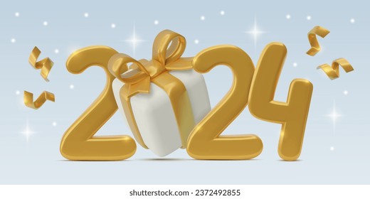 2024 Jahr 3d realistische Goldzahlen mit einem Geschenkbox Konfetti und funkelnden Sternen. Minimal dreidimensionales Neujahrsbanner-Design auf hellem Hintergrund mit Schnee. Vektorgrafik.