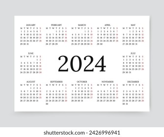 2024 year calendar. Calender layout. Week starts Monday. Monthly planner template with 12 months. Desk organizer grid in horizontal design, A4. Yearly stationery diary, English. Vector illustration