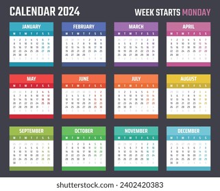 Calendario de 2024 años, el diseño del calendario para 2024 comienza el lunes