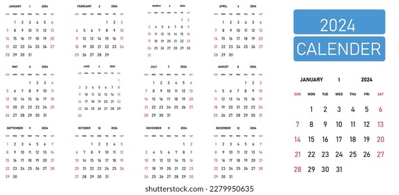 2024 year calendar.
English language option.
week starts with sunday.