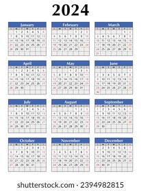 2024 year calendar. English, vertical. Printable vector illustration. Plan your year with style