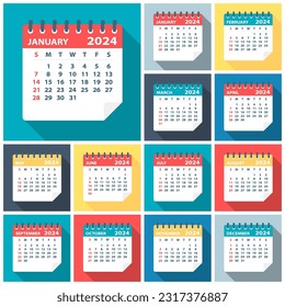 2024 year Calendar Leaves Flat Set - Illustration. All monthes