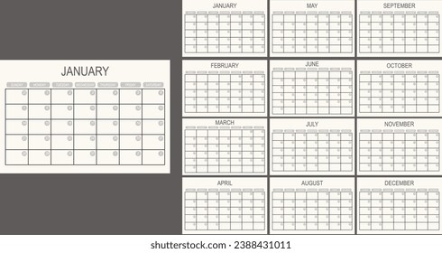 2024 year calendar template. Business, personal planner. 12 month pages. A week starts on Monday. Vector Minimalistic style