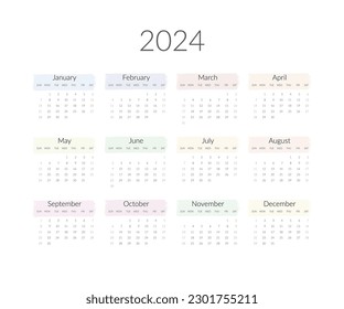 2024 year calendar template. Vector illustration.