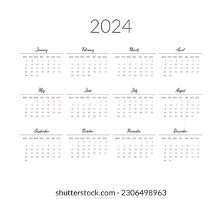 2024 year calendar template. Vector illustration.