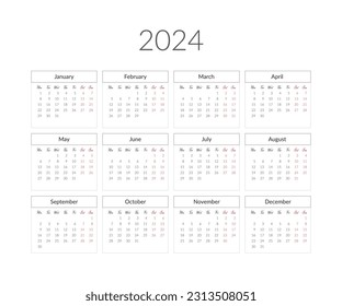 2024 year calendar template. Vector illustration.