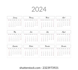 2024 year calendar template. Vector illustration.
