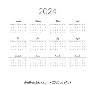 2024 year calendar template. Vector illustration.