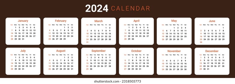 2024 year Calendar template. week start Sunday. Planner diary in a minimalism style. Corporate and business calendar. Organizer. Monthly calendar. Daily planner.