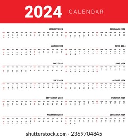 Plantilla de calendario para 2024 años. la semana comienza el domingo. Diario de planificación con un estilo minimalista. Calendario corporativo y comercial. Organizador. Calendario mensual. Planificador diario.