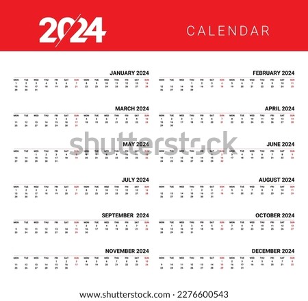 2024 year Calendar template. week start Monday. Planner diary in a minimalism style. Corporate and business calendar. Organizer. Monthly calendar. Daily planner.