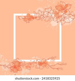 2024 year color frame. Peach tree blossom. Fuzz branch pattern. Peach flower background in soft palette. Abstract fuzz 2024 year colour. Spring japanese summer fashion, interior design trendy palette