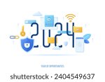 2024 year of cybersecurity improvement opportunities concept composition with 3d items. Sensitive information protection. Digital data safety. Vector illustration for promotion banners and posters